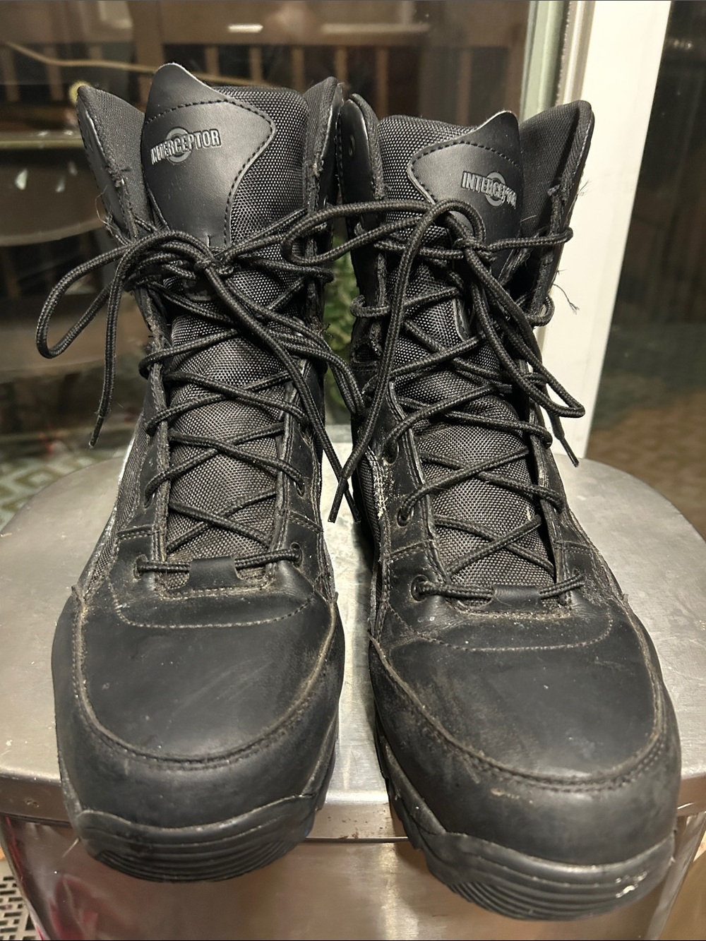 Sz 13 men’s Interceptor Men's Force Tactical Steel-Toe Work Boots, Black Leather